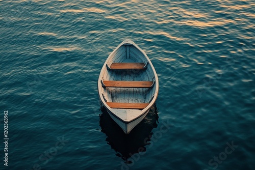 Soft morning light over a tranquil lake with a single boat drifting in the mist