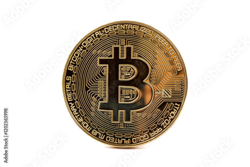 Bitcoin cryptocurrency coin symbolizing decentralized digital transactions on white background. photo