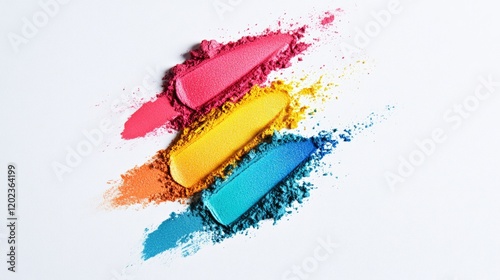 Pink, yellow and blue cosmetic powder pigments are creating vibrant smears and textures on a white background, showcasing a range of bold and saturated colors photo