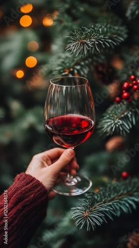 Enjoying a festive drink beside a decorated evergreen tree during the holiday...