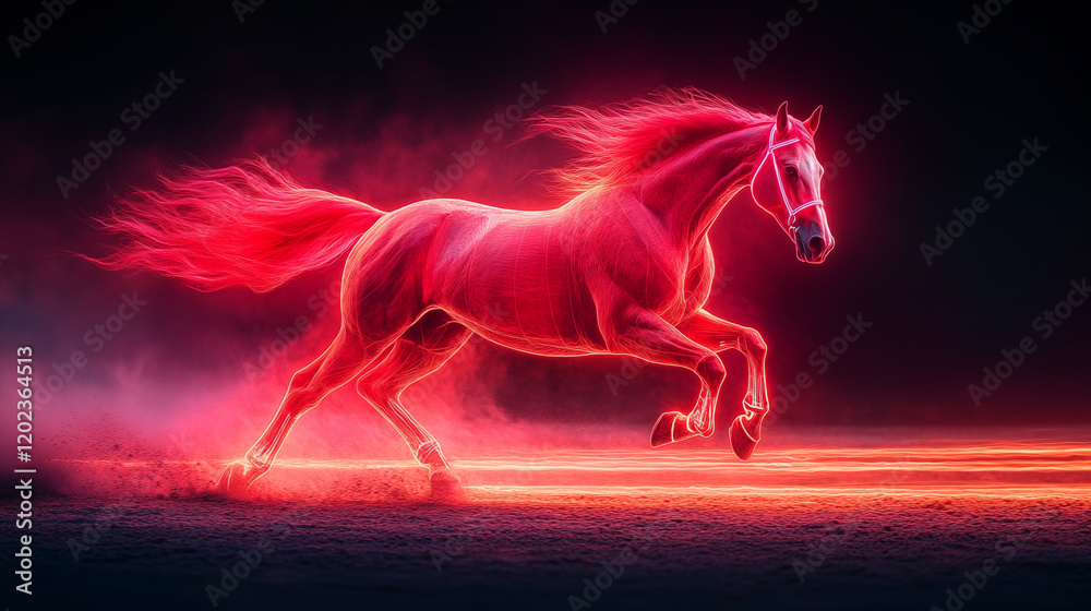 Majestic horse glowing red in motion, digital art concept Majestic horse glowing red in motion, digital art concept