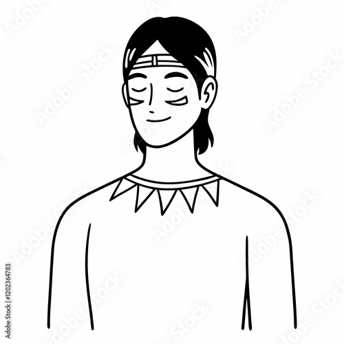 Ilustración vectorial en blanco y negro: Retrato de un joven nativo 