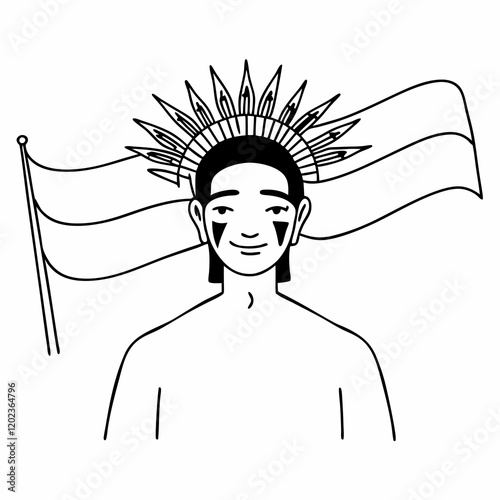 Vector en blanco y negro de un joven nativo con una bandera de fondo.