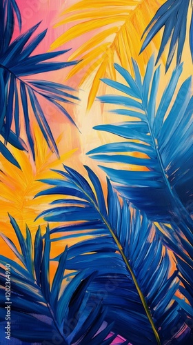 Vibrant palm leaves against a bright tropical background showcasing artistry ...
