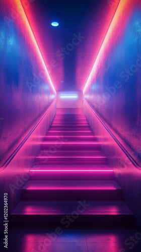Vibrant neon staircase illuminated by colorful lights in a modern architectur...