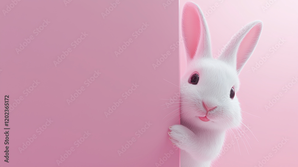 Fototapeta premium White rabbit is peeking out from behind a pink wall