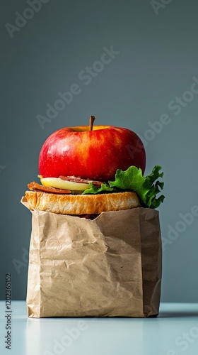 Unique fusion of healthy snacks with apple on top of a sandwich in a brown pa...