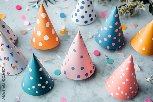 Colorful party hats in a festive atmosphere with confetti falling during cele...