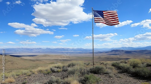 America flag rippling gently on a flagpole with vast open skies