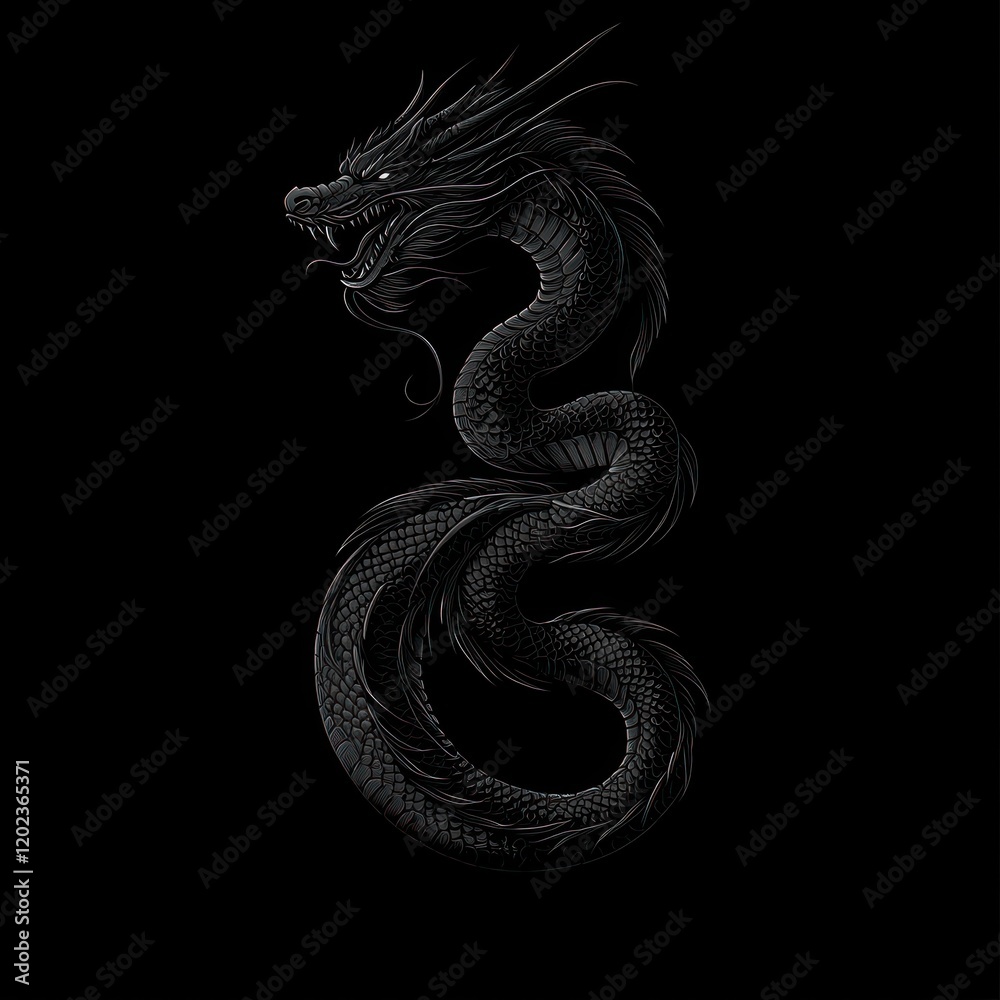 Fototapeta premium Black dragon coiled, dark background, mythical creature, fantasy art, design element