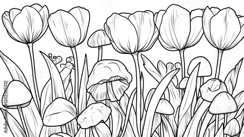 Black and white tulips and mushrooms.  Botanical line art background for coloring or print use photo