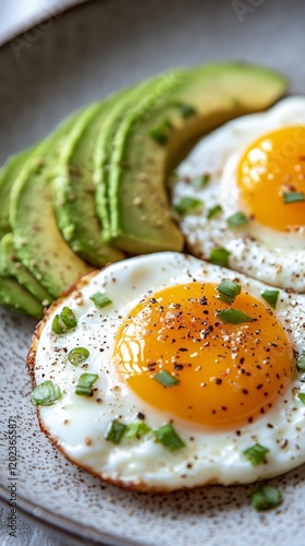 Delicious breakfast featuring fried eggs and fresh avocado on a gray plate