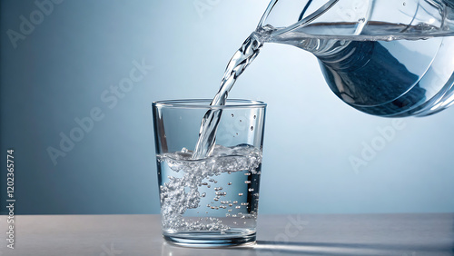Clear water being poured into a modern designed glass against solid background