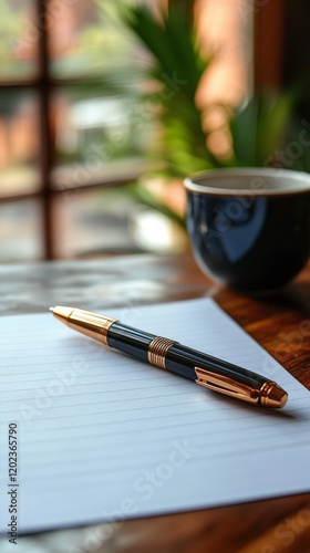 Elegant gold pen resting on blank notepad in warm coffee shop during afternoon