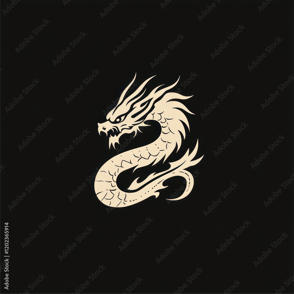 Obraz premium Coiled dragon design, mythical creature, dark background, graphic art, tattoo inspiration