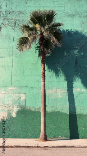 Sunlight casts a shadow of a palm tree against a vibrant green wall on a clea...