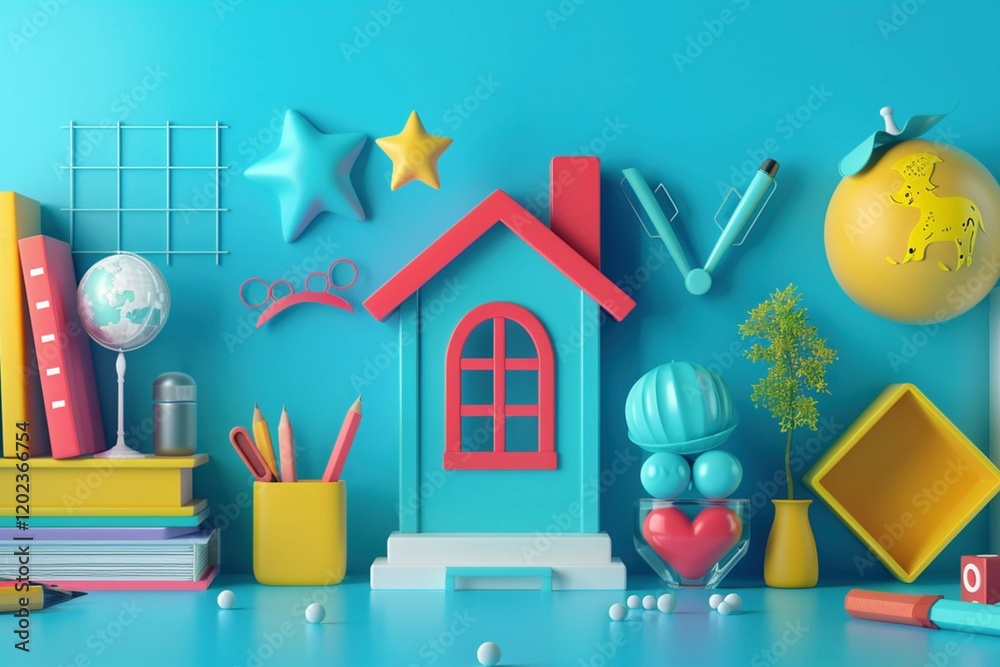 Fototapeta premium Colorful children�s playroom filled with creative learning tools and fun shapes.