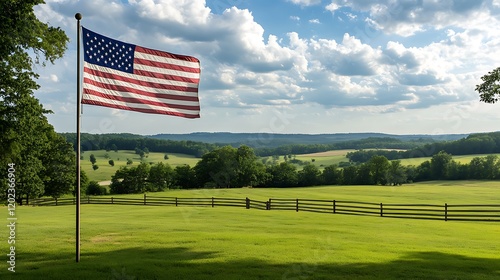 America flag flying high on a flagpole with peaceful countryside views photo