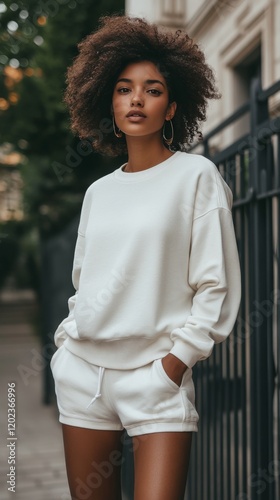 Elegant young woman in casual white outfit enjoying outdoor surroundings on a...