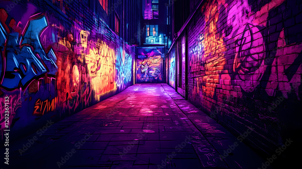 Cyberpunk-themed graffiti on the walls of a dark alley. Neon Graffiti Alley. Illustration Cyberpunk-themed graffiti on the walls of a dark alley. Neon Graffiti Alley. Illustration