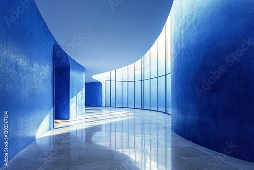 Stunning modern interior with curved blue walls and expansive glass windows s...