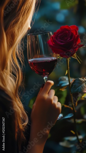 Woman holding a glass of red wine next to a blooming rose during a serene eve...