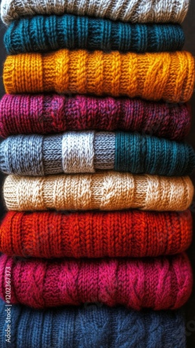 Warm and cozy stack of knitted sweaters in autumn hues resting outdoors in na...