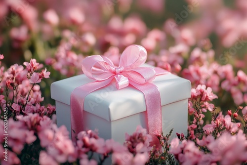 Wrapped gift box surrounded by pink flowers in a vibrant garden setting