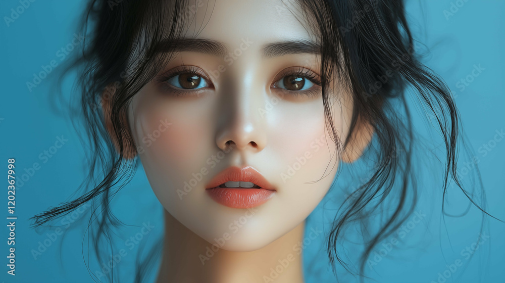 Fototapeta premium Asian beauty portrait against blue background showcasing natural elegant makeup