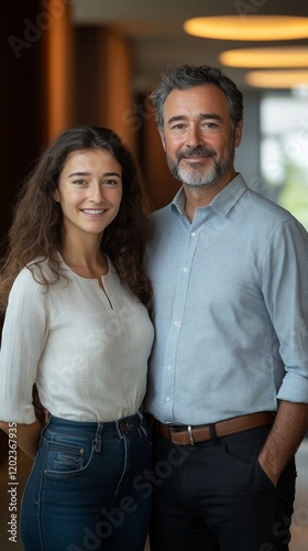 Smiling couple stands side by side in a modern interior during a bright day