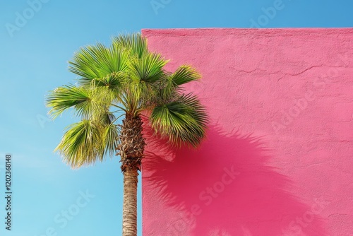 Palm tree contrasts against vibrant pink wall under clear blue sky in bright ...