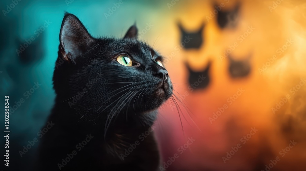 A stunning black cat gazes thoughtfully as various shades of color blend around it, showcasing the beauty of the animal with artistic flair and emotional depth. A stunning black cat gazes thoughtfully as various shades of color blend around it, showcasing the beauty of the animal with artistic flair and emotional depth.