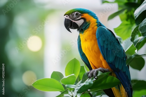 Bright blue and yellow parrot perched on a branch in a lush green setting with soft clouds
