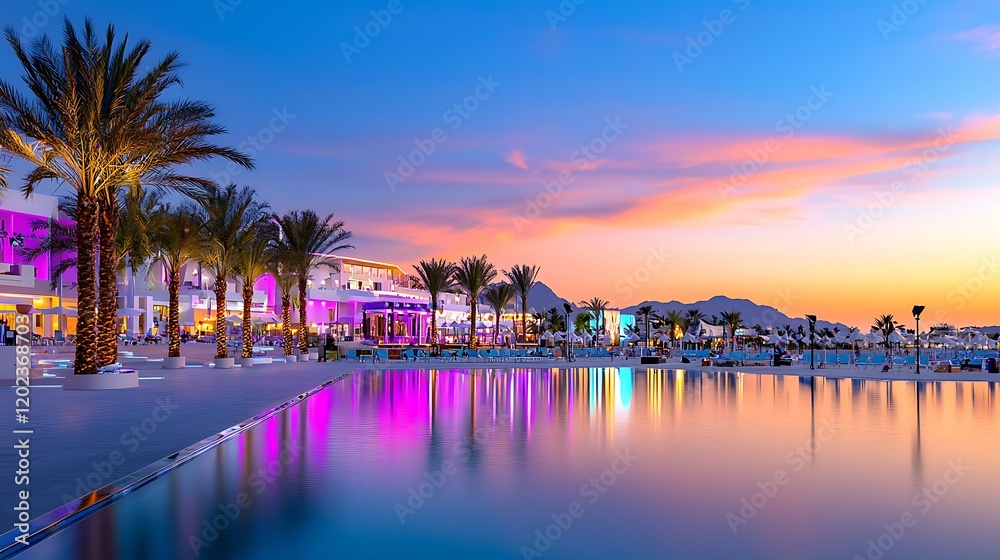 Obraz premium Vibrant Beach Resort at Sunset with Illuminated Palm Trees