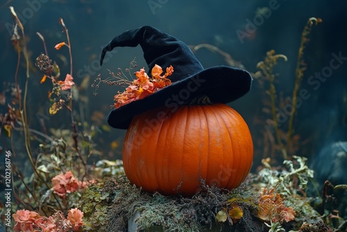 Pumpkin with witch hat placed on garden soil near plants during autumn season