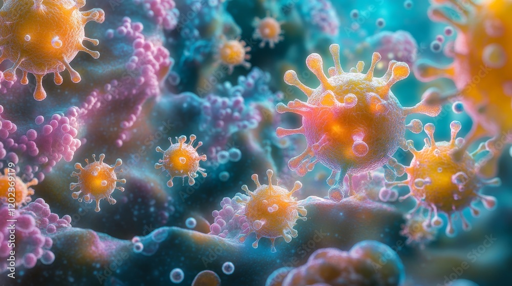 Colorful microscopic view of viruses interacting in a cellular environment depicting a fascinating biological process Colorful microscopic view of viruses interacting in a cellular environment depicting a fascinating biological process