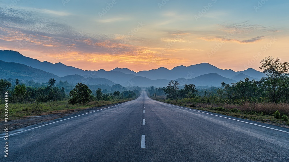 Naklejka premium Sunrise Road Trip Through Majestic Mountains: A Scenic Drive