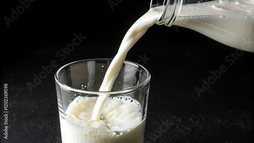 Pouring milk into the glass over black background.