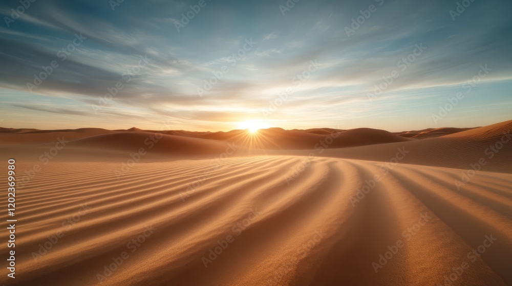 The image beautifully captures golden sand dunes under a soft sunset, accentuating the curves and patterns while evoking feelings of tranquility and reflection in this vast landscape. The image beautifully captures golden sand dunes under a soft sunset, accentuating the curves and patterns while evoking feelings of tranquility and reflection in this vast landscape.