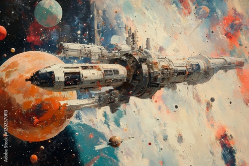 Exploration of outer space with a futuristic spacecraft orbiting a distant moon