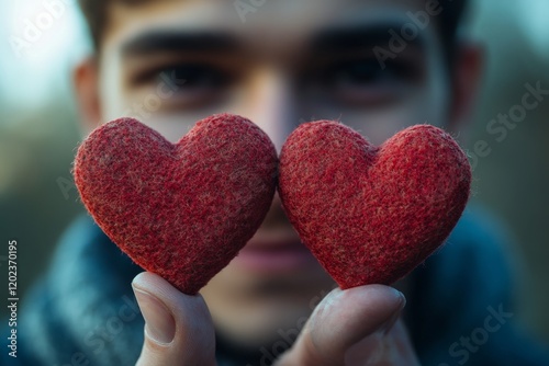 Man holds two red felt hearts close to his face in a cozy, warm setting durin...