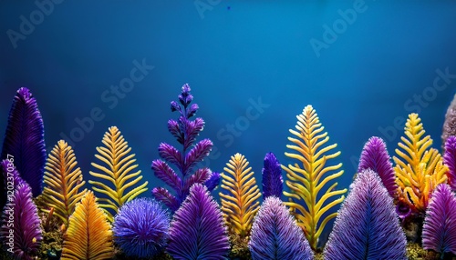 a blue background with a gaggle of vegetation on it the plants are purple and yellow
