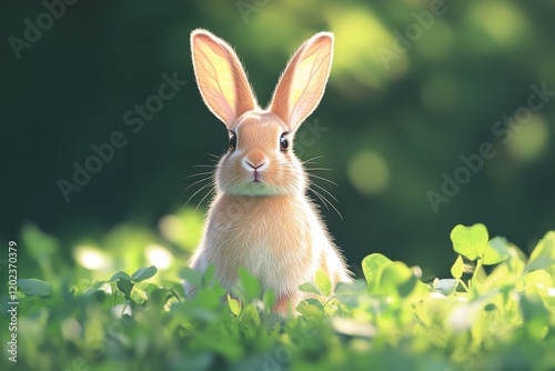 Cute rabbit sitting in vibrant green grass during golden hour in a serene env...