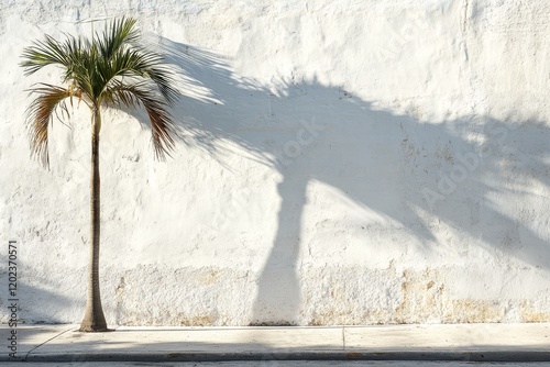 Palm tree shadow cast on a textured white wall in bright sunlight
