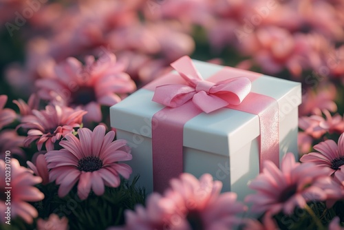 Wrapped gift box surrounded by pink flowers in a vibrant garden setting