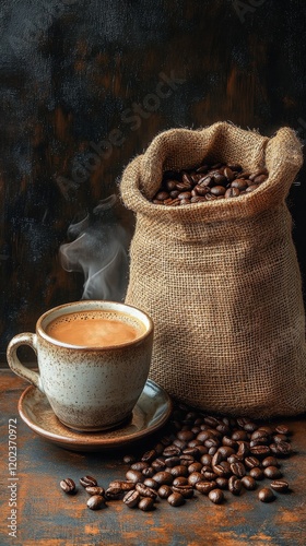 Warm coffee cup next to a sack of steaming coffee beans in a cozy setting