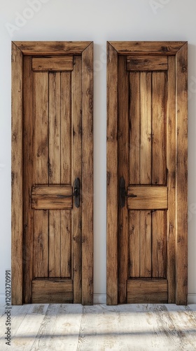 Wooden doors with rustic design in a minimalist interior