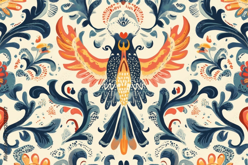 Obraz premium Vibrant floral and bird patterned textile