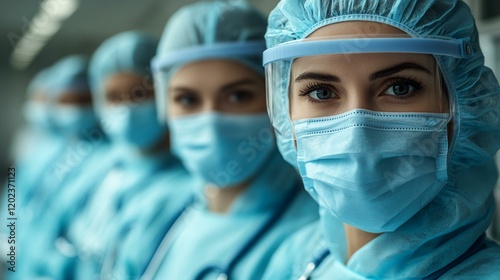 A group of healthcare workers (doctors, nurses, and technicians) wearing protective gear, symbolizing healthcare in the pandemic era. 222