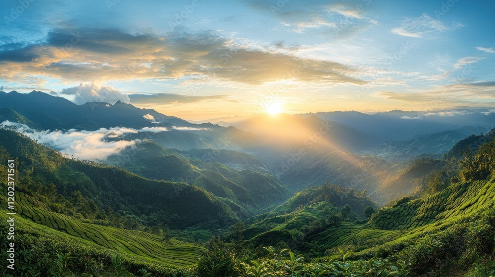 Fototapeta premium Majestic Sunset over Verdant Mountains and Tea Terraces